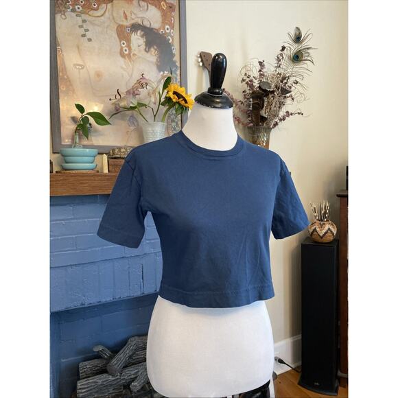 Everlane XXS 100% Organic Cotton Crop Boxy Tee Navy Blue Minimalist Basic - Picture 1 of 10